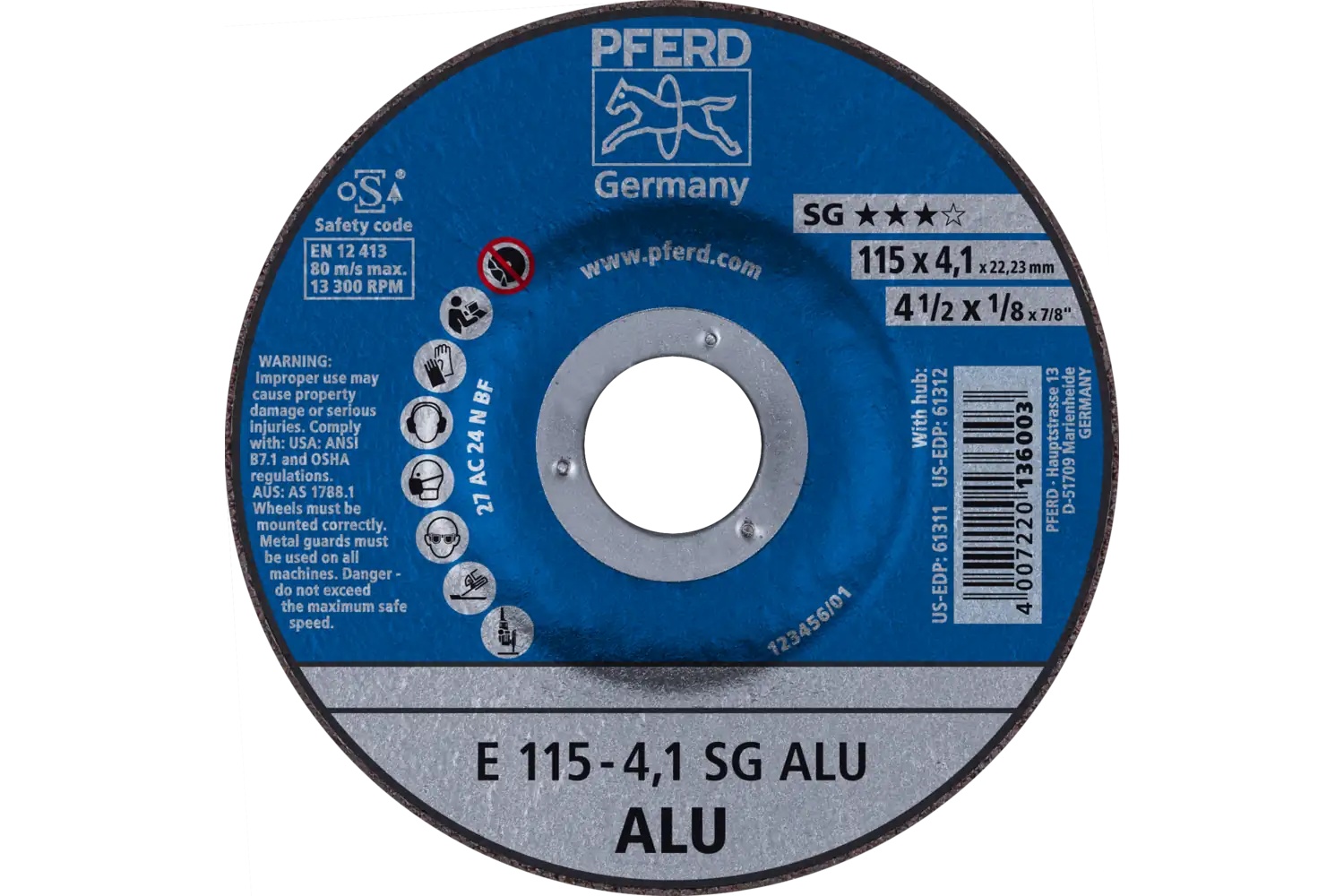 Picture of Pferd Grinding Wheel, 4-1/2" X 1/8 X 7/8, Sg Alu, T27, Aluminum Oxide, Silicon Carbide